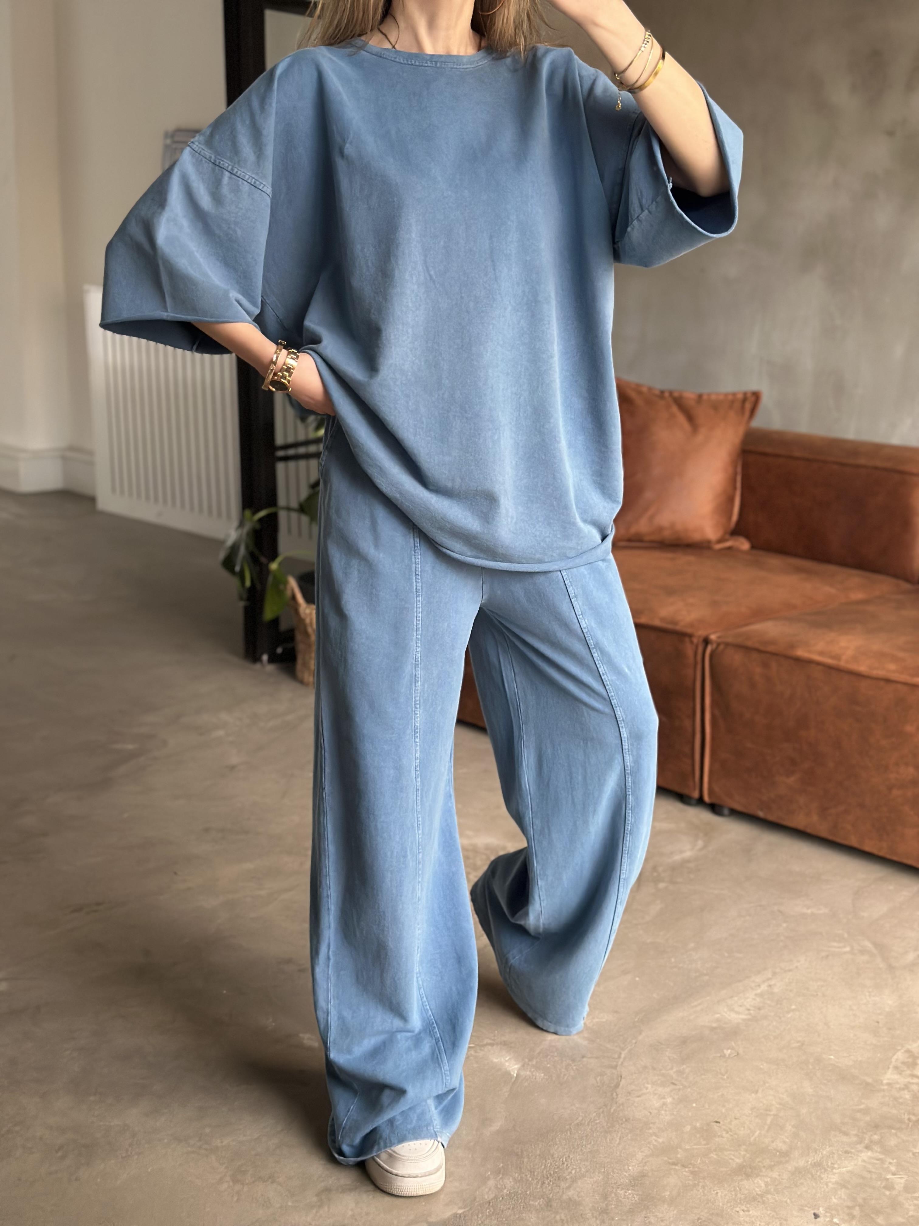 Unisex Yıkamalı Oversize Kısa Kollu Takım - Mavi