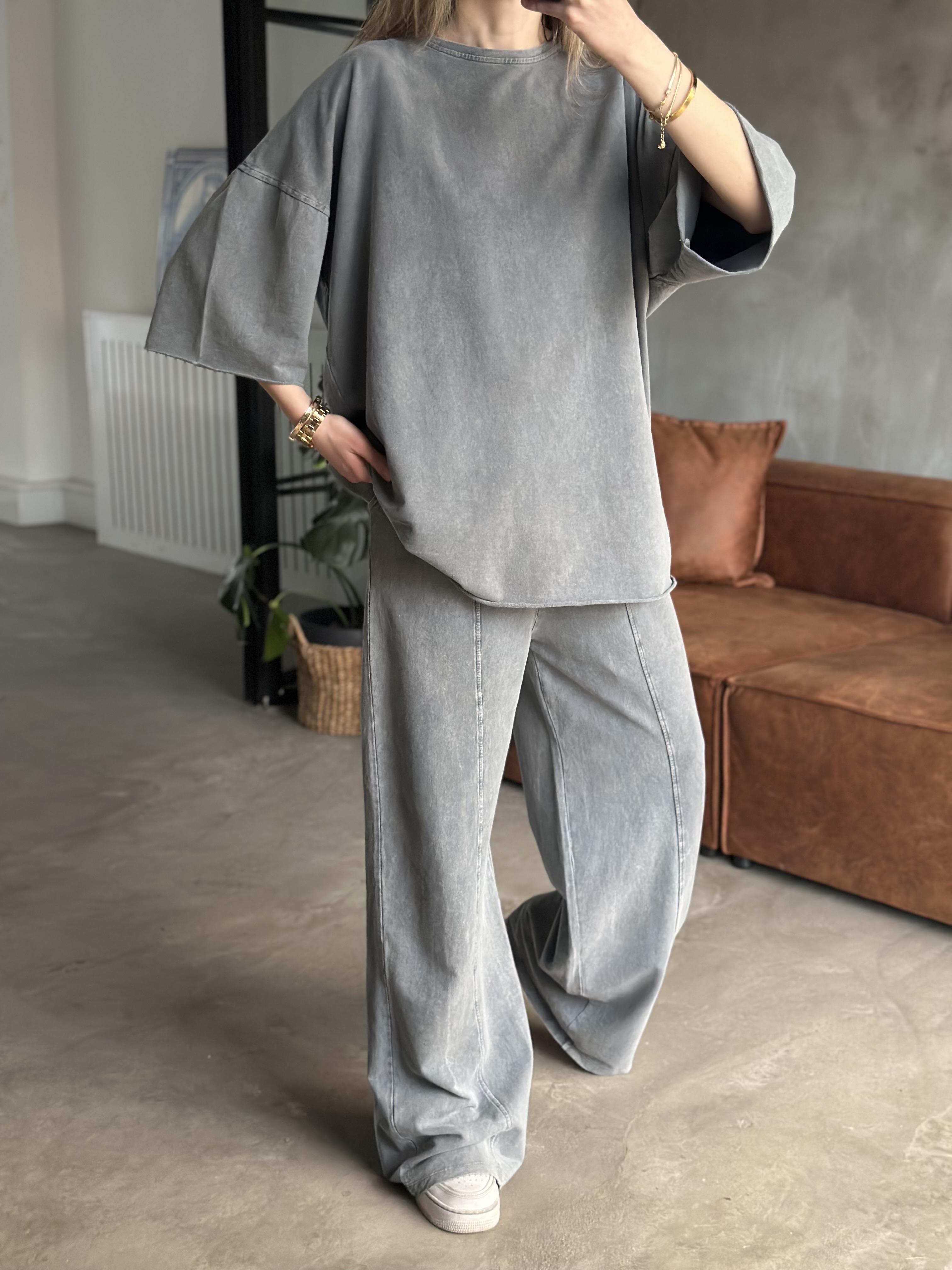 Unisex Yıkamalı Oversize Kısa Kollu Takım - Gri