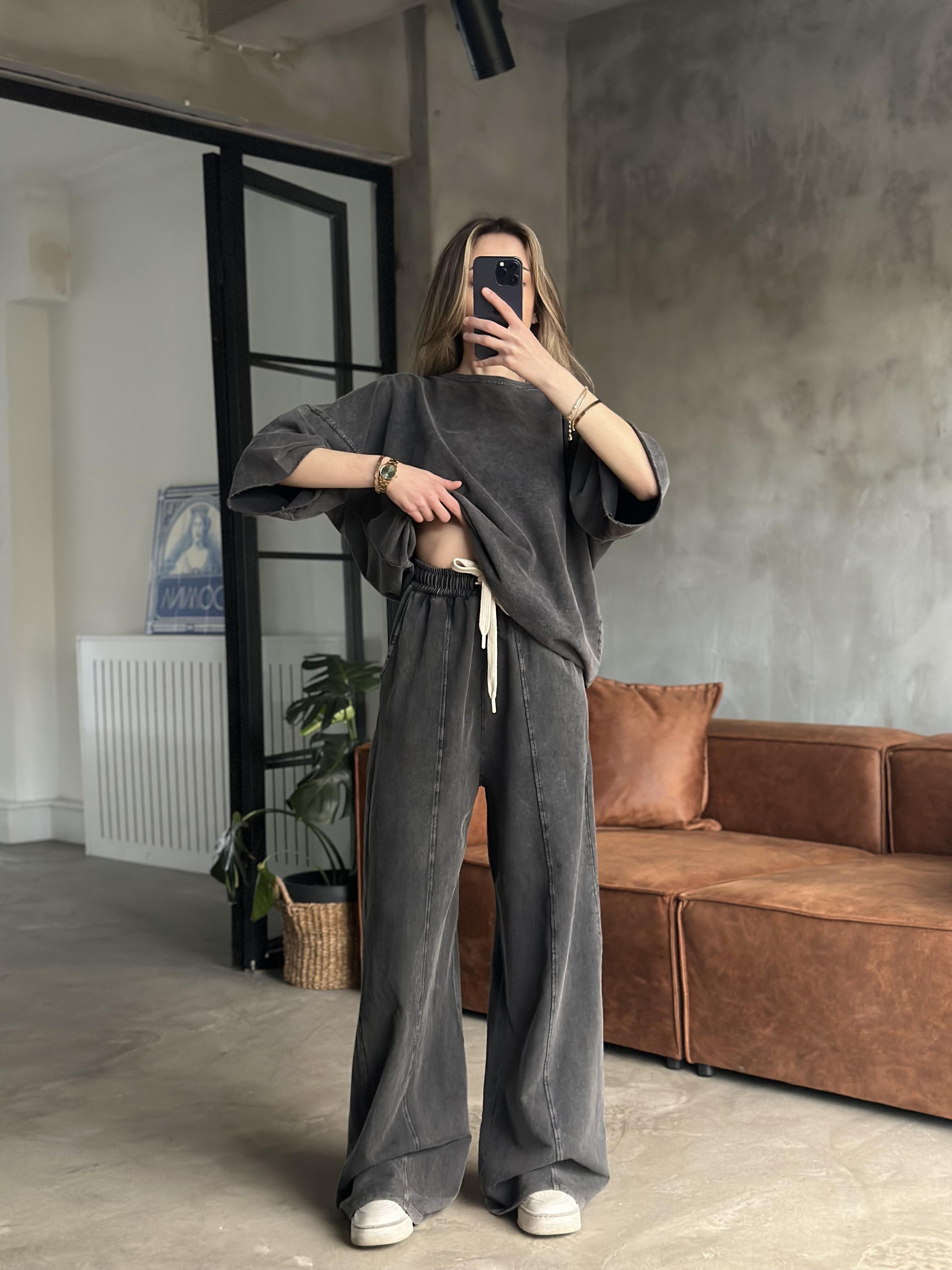 Unisex Yıkamalı Oversize Kısa Kollu Takım - Siyah