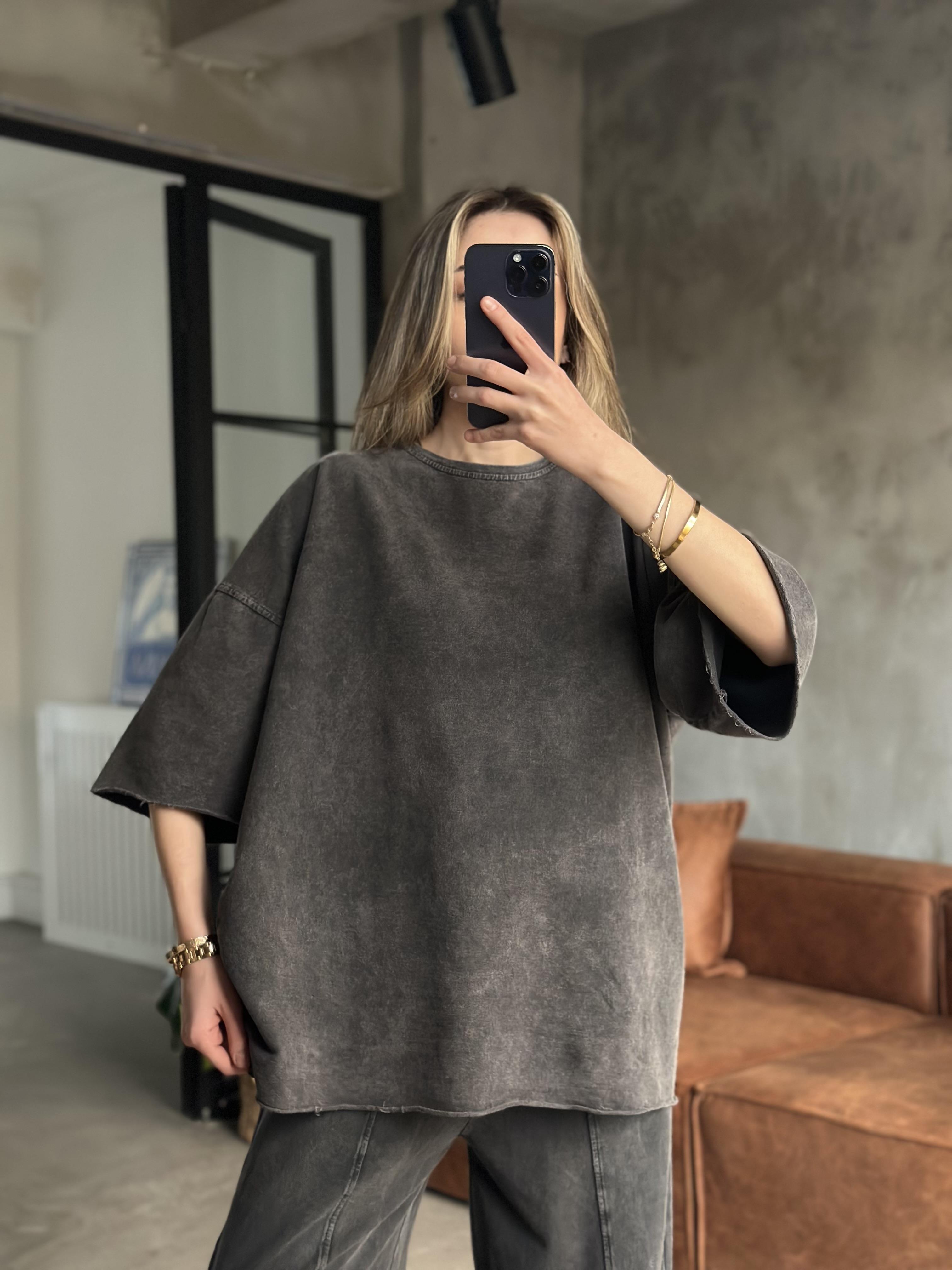 Unisex Yıkamalı Oversize Kısa Kollu Takım - Siyah