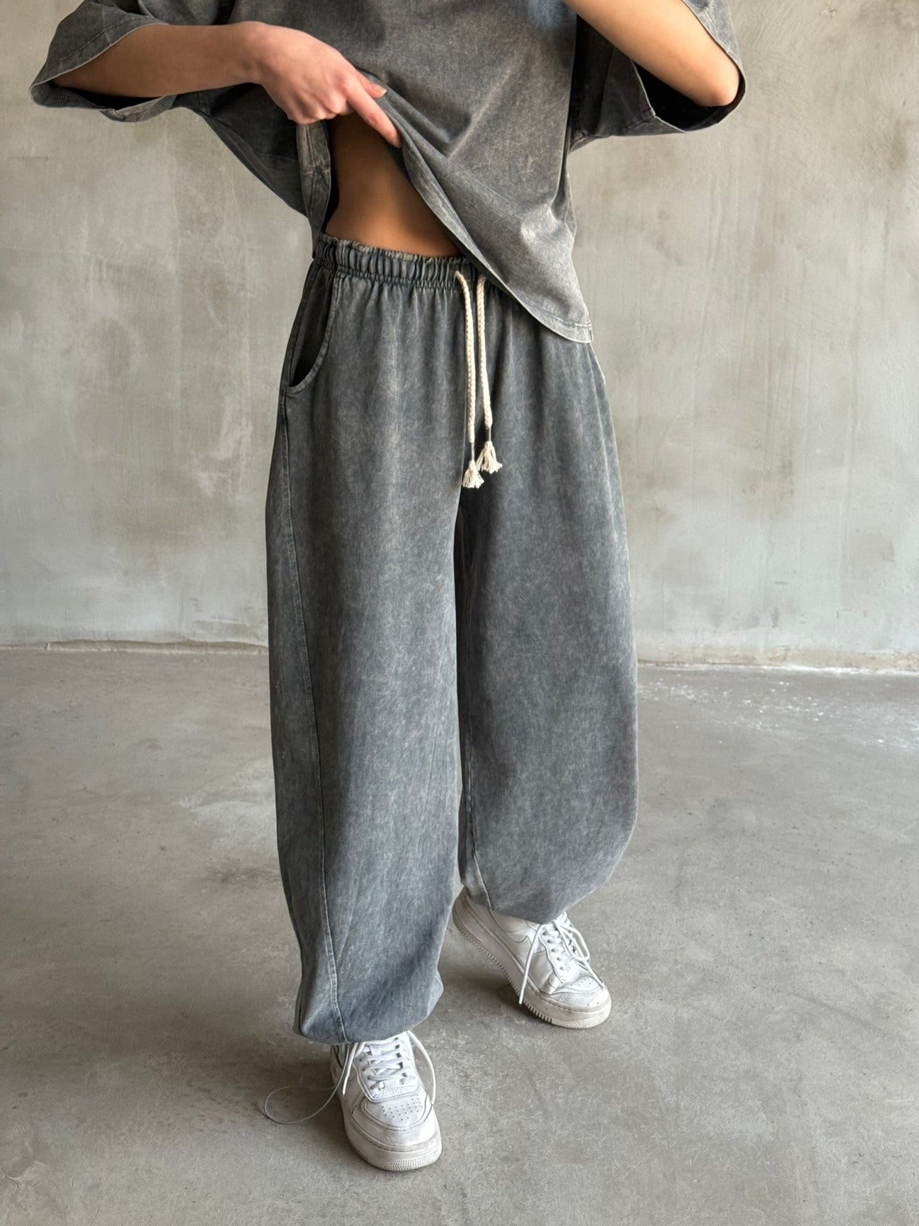 Unisex Yıkamalı Stoperli Takım - Gri