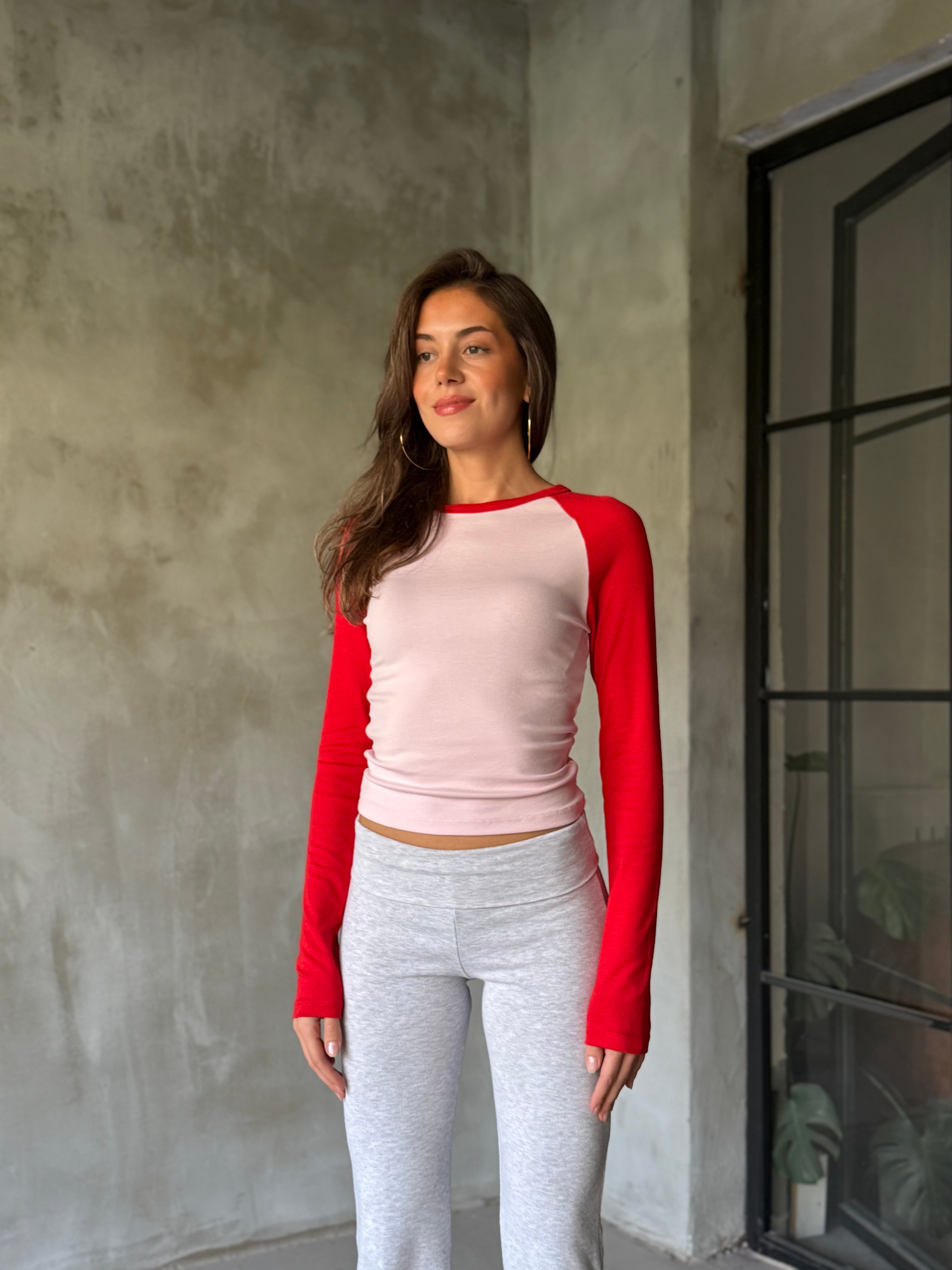 Uzun Reglan Kol Bluz Kırmızı Pembe