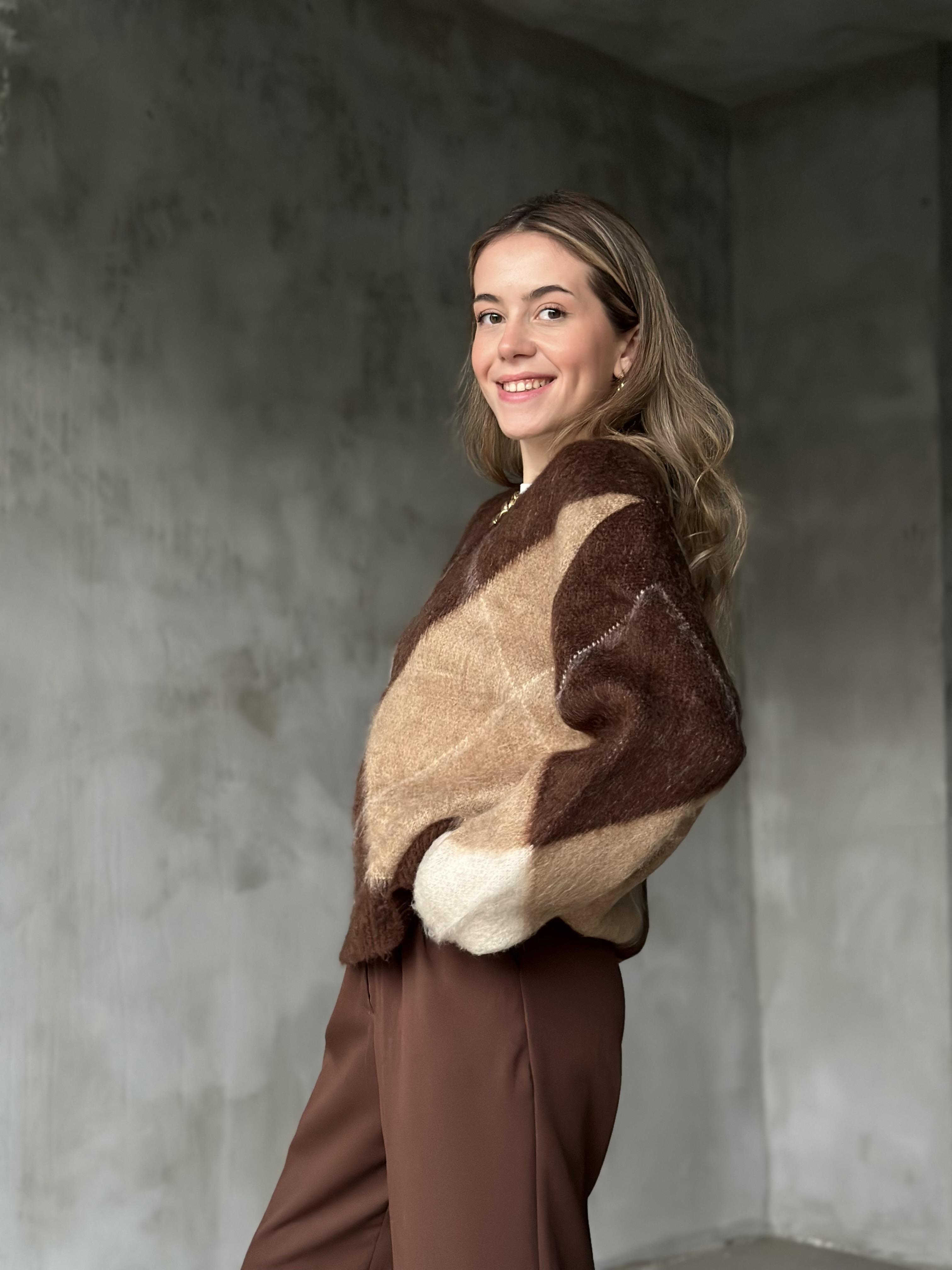 V Yaka Baklava Desenli Kazak -Camel