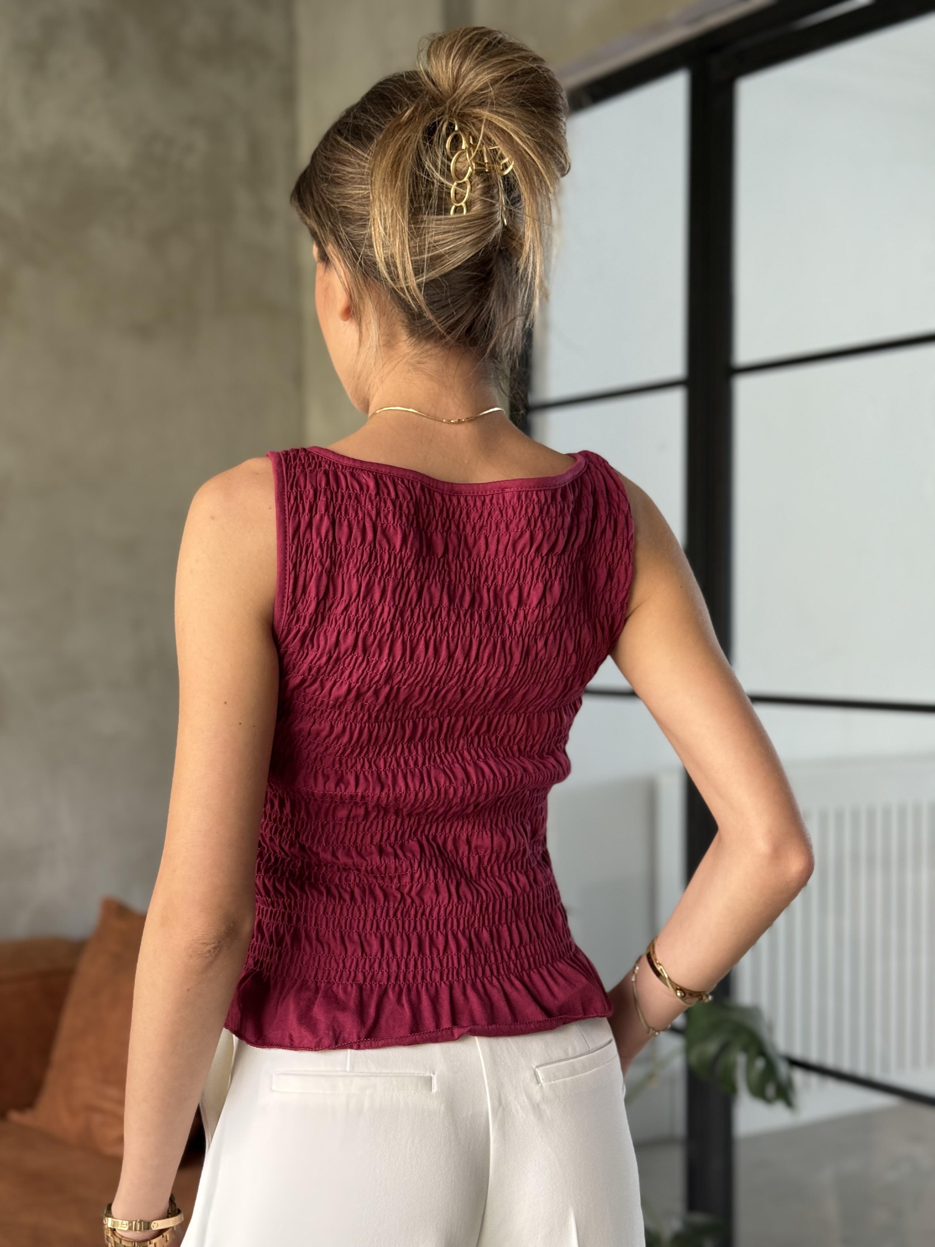 Volanlı Likralı Bluz - Bordo