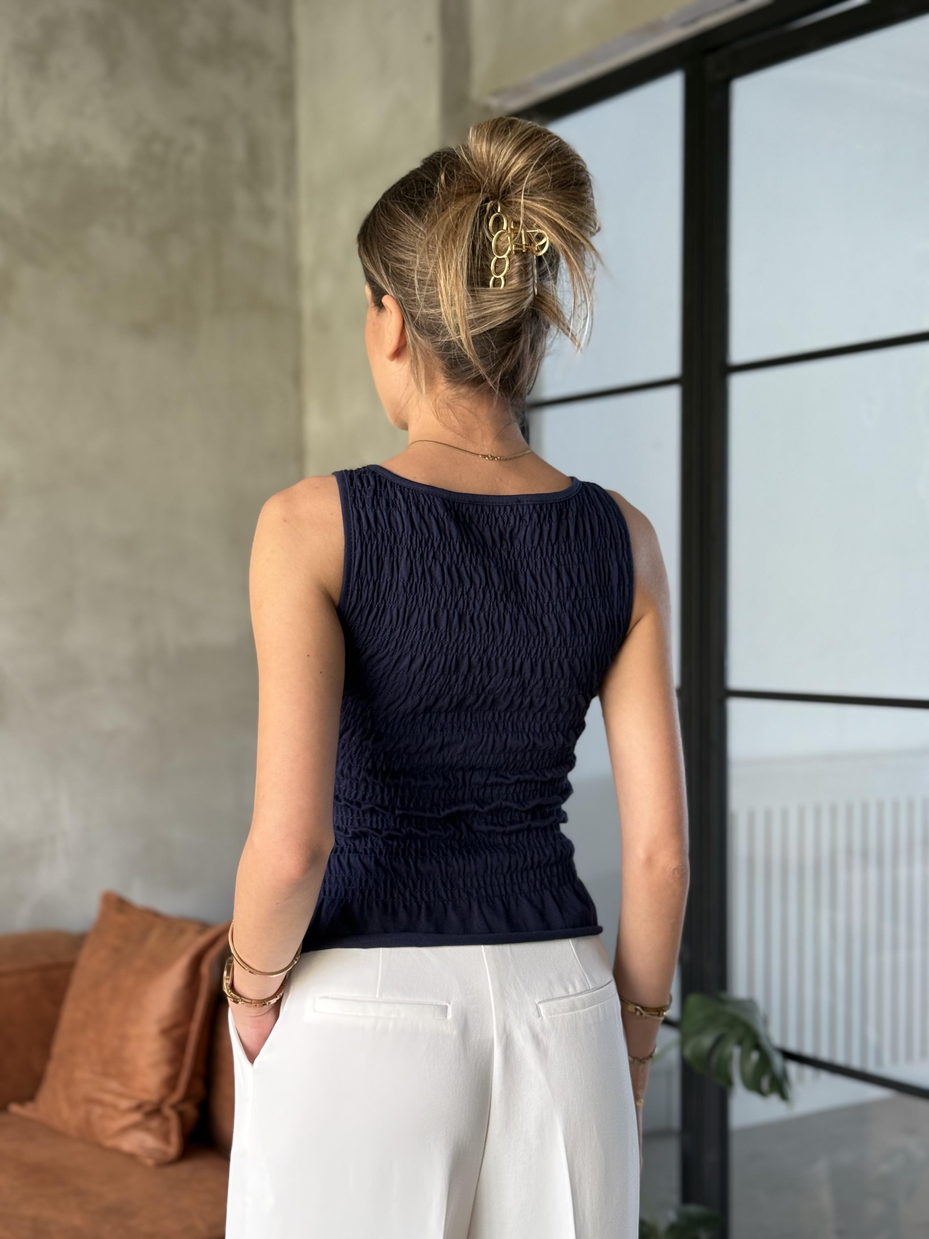 Volanlı Likralı Bluz - Lacivert