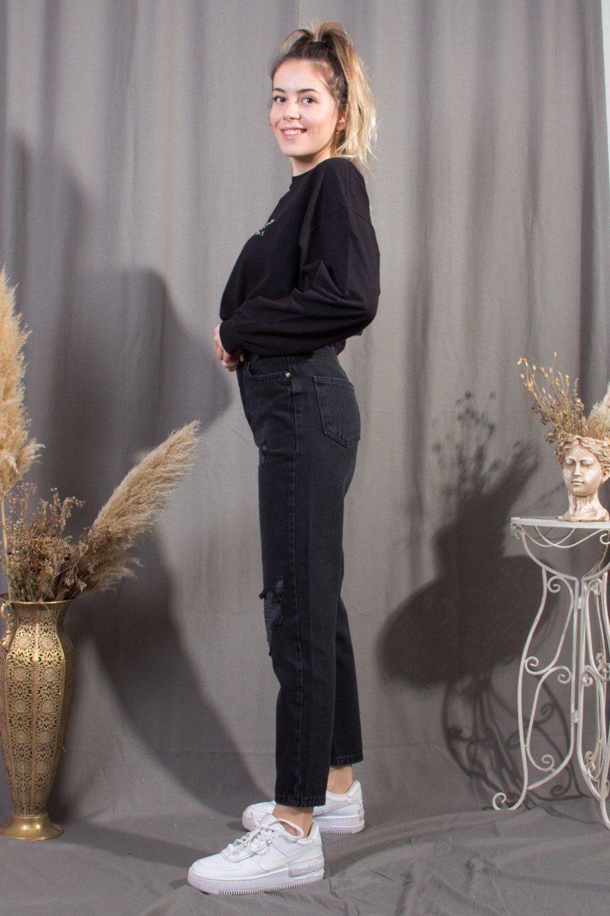 Yamalı Jean Pantolon - Siyah