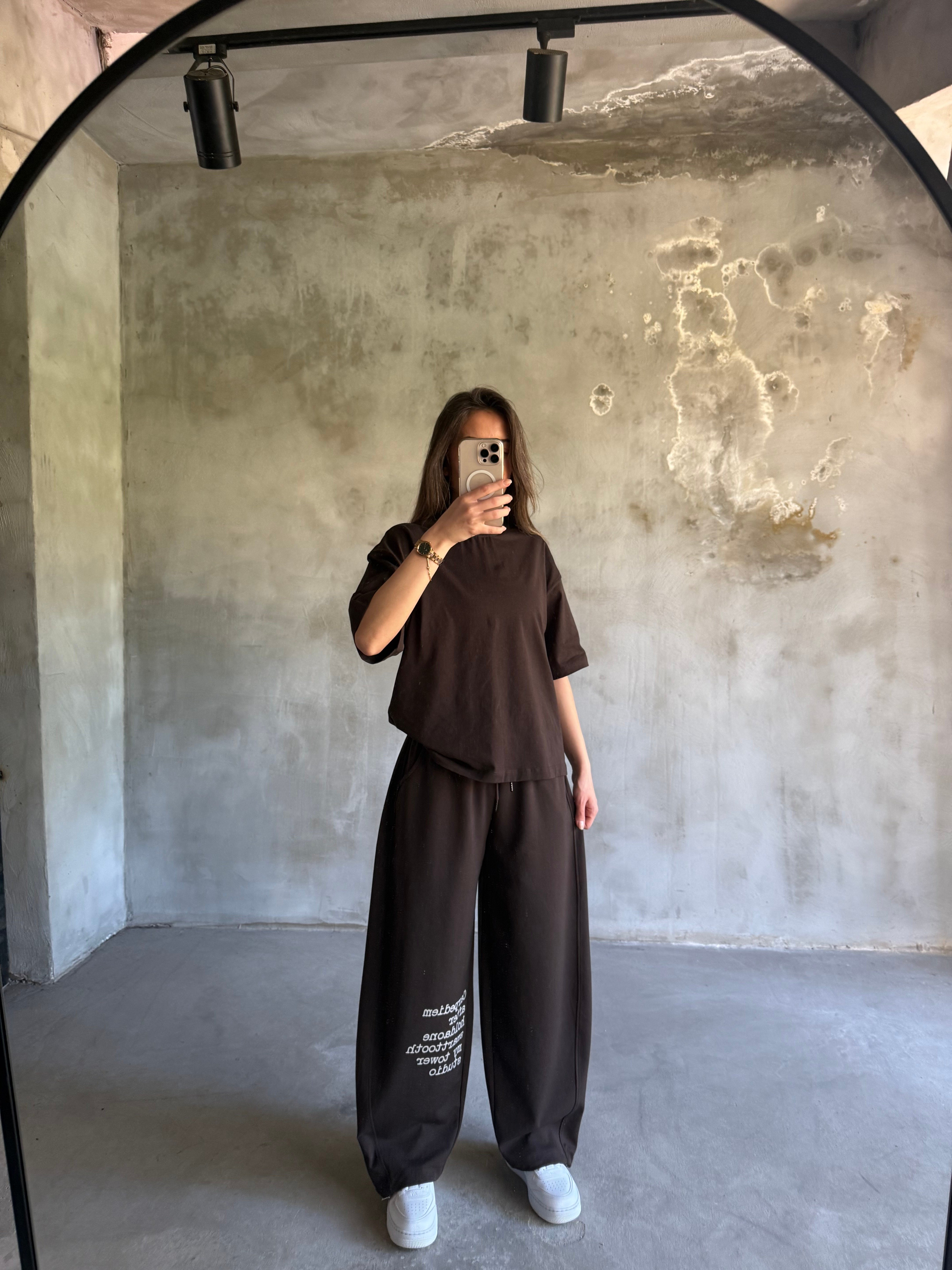 Yazı Baskılı Oversize Stoperli Takım - Kahverengi
