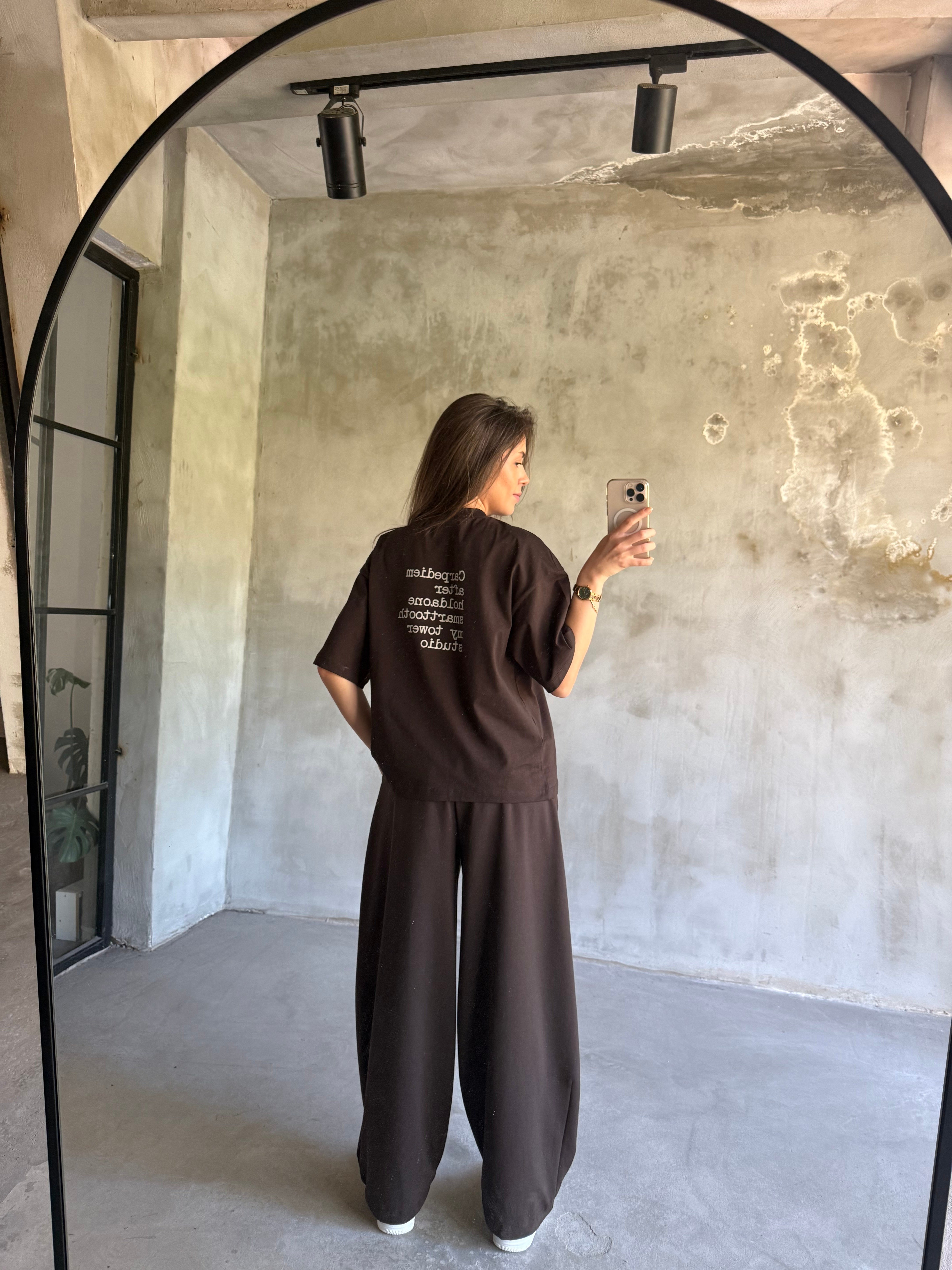 Yazı Baskılı Oversize Stoperli Takım - Kahverengi