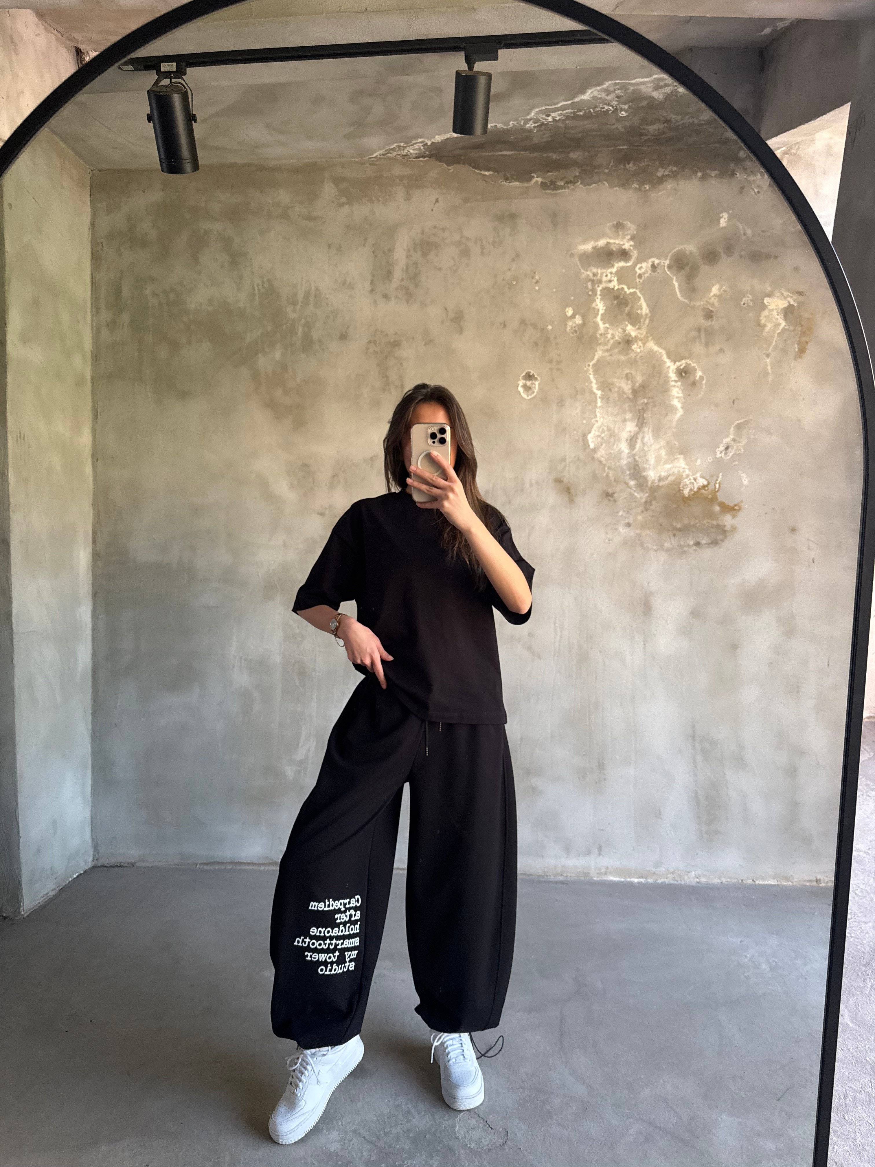 Yazı Baskılı Oversize Stoperli Takım - Siyah