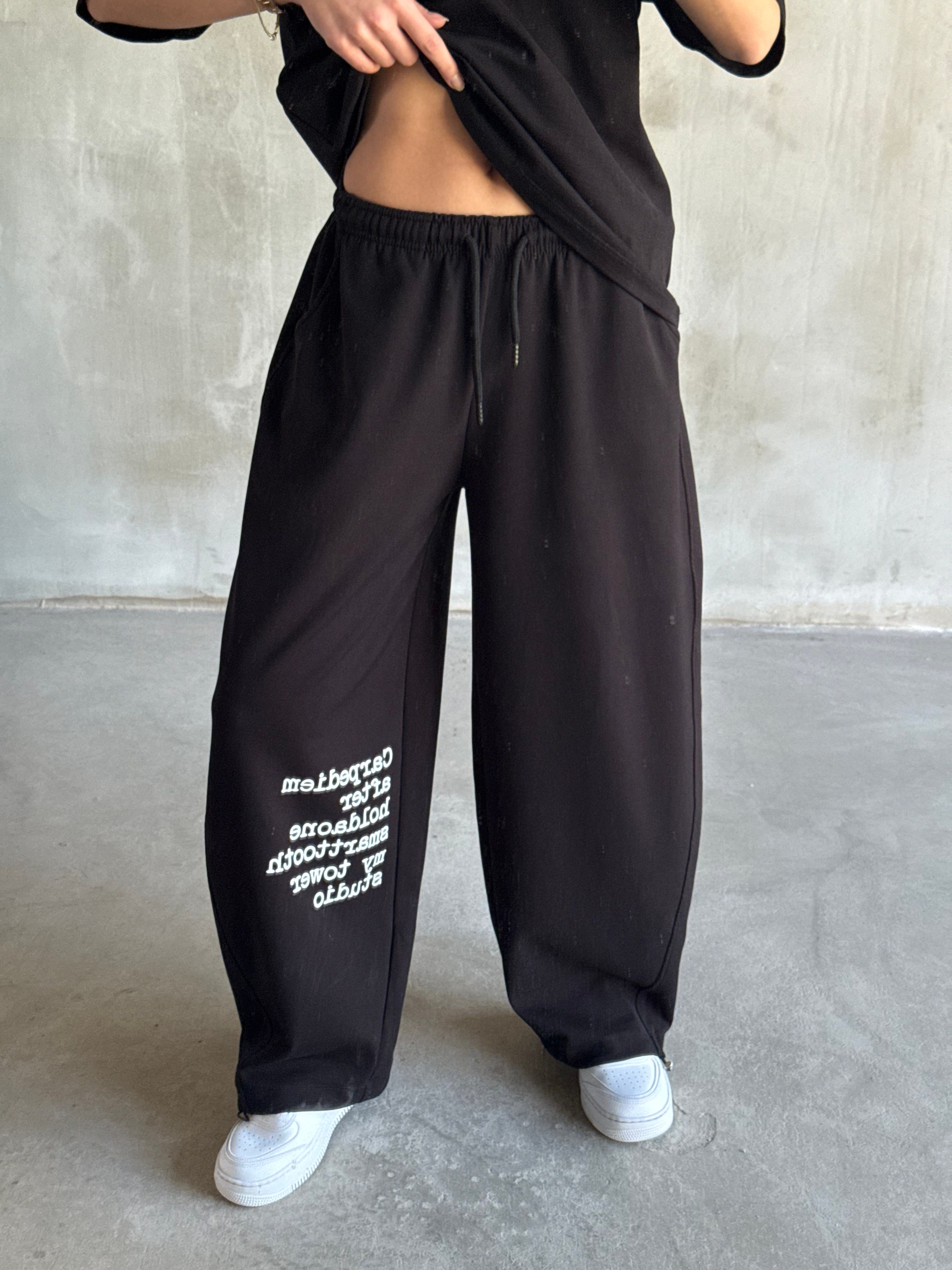 Yazı Baskılı Oversize Stoperli Takım - Siyah