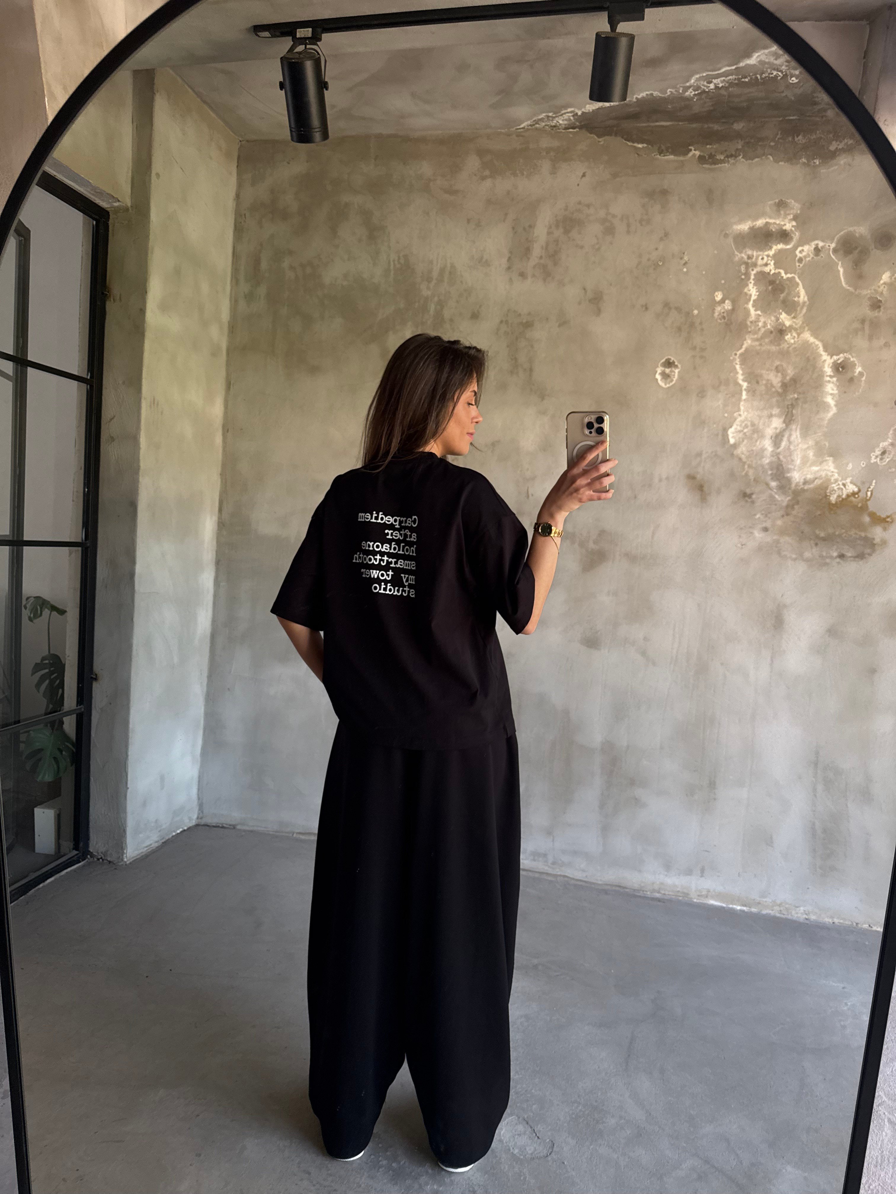 Yazı Baskılı Oversize Stoperli Takım - Siyah