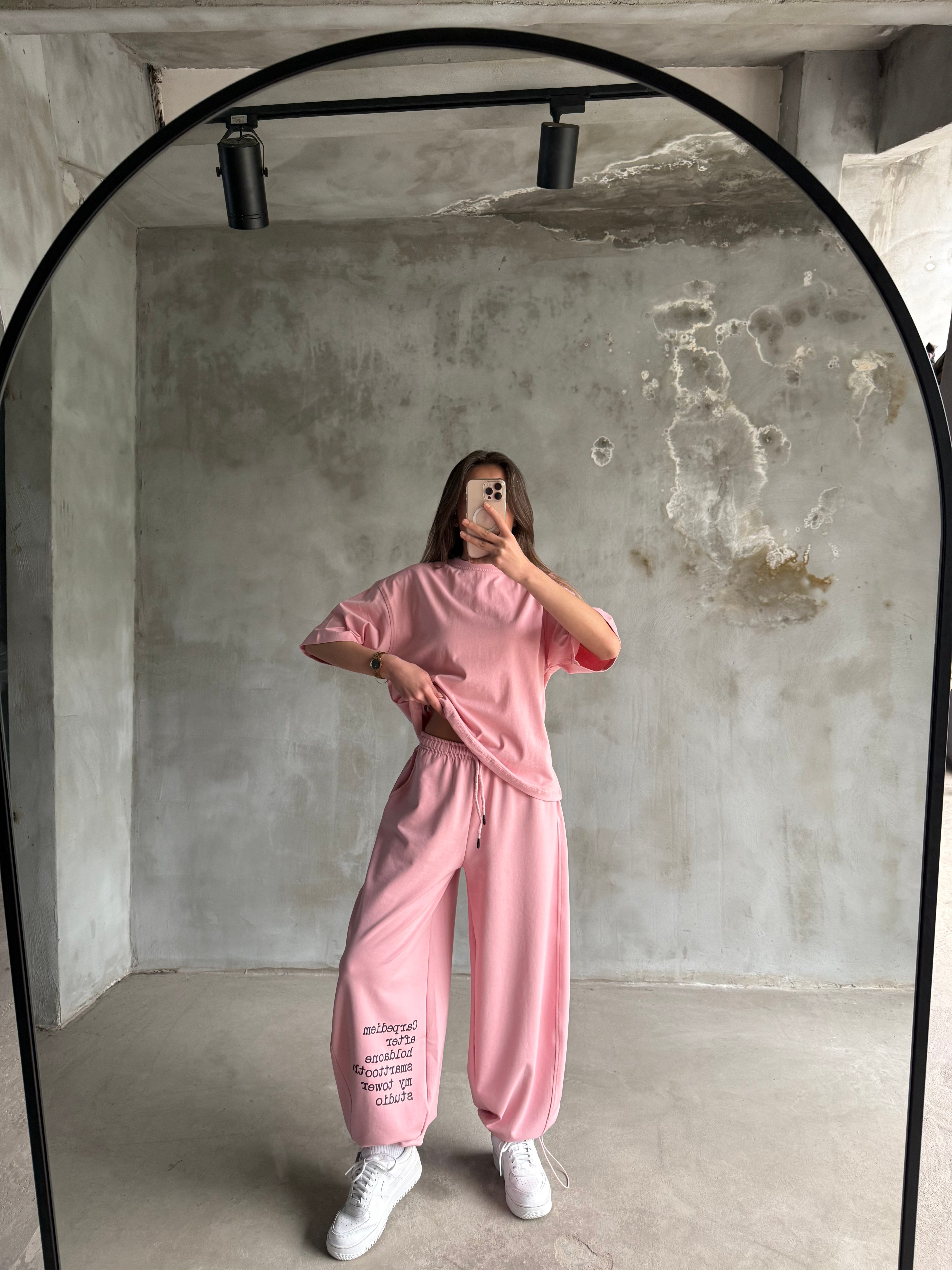 Yazılı Baskılı Oversize Stoperli Takım - Pembe - Dominatrend