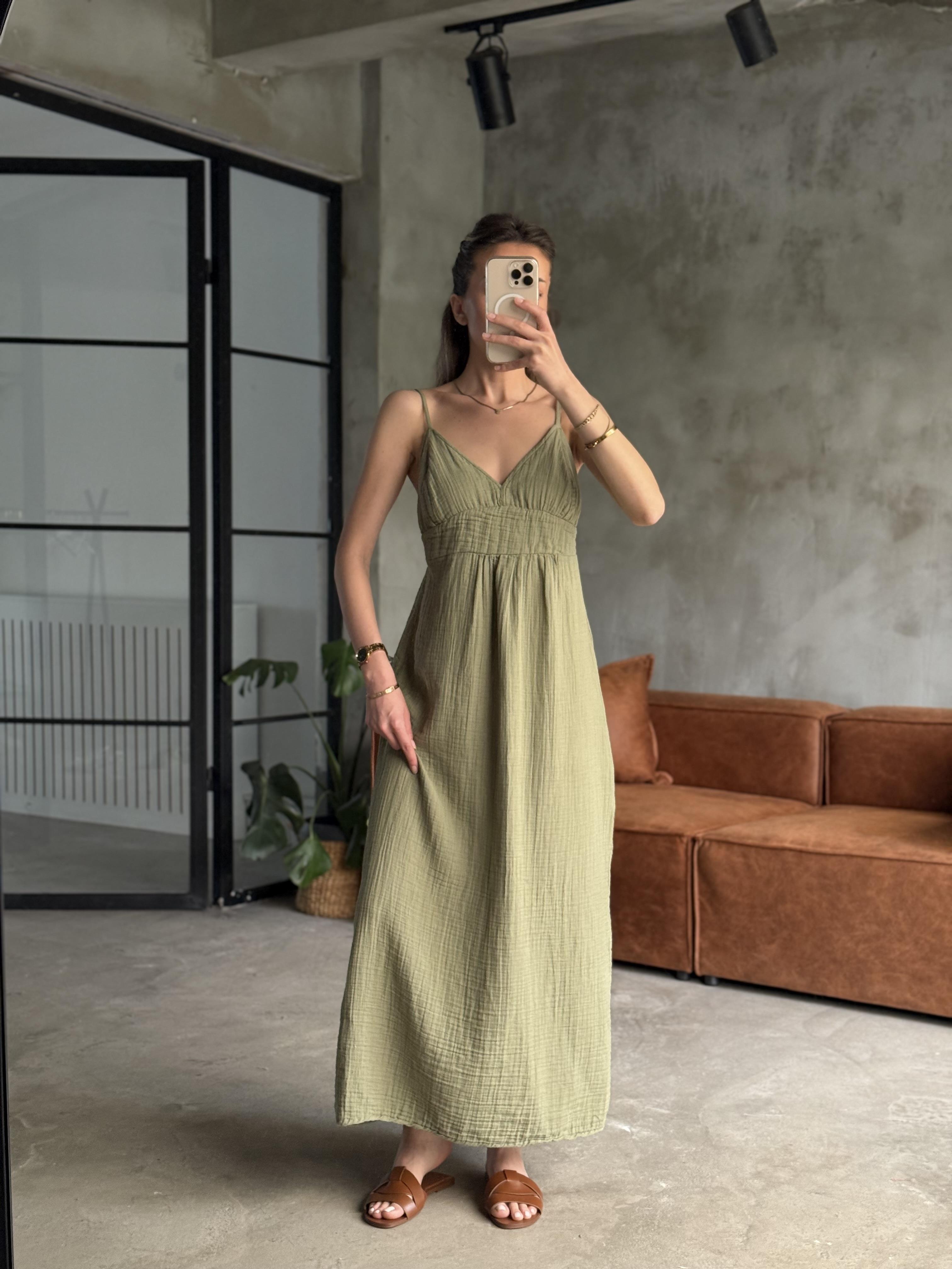 Yeşil Lilyana Askılı Müslin Elbise 