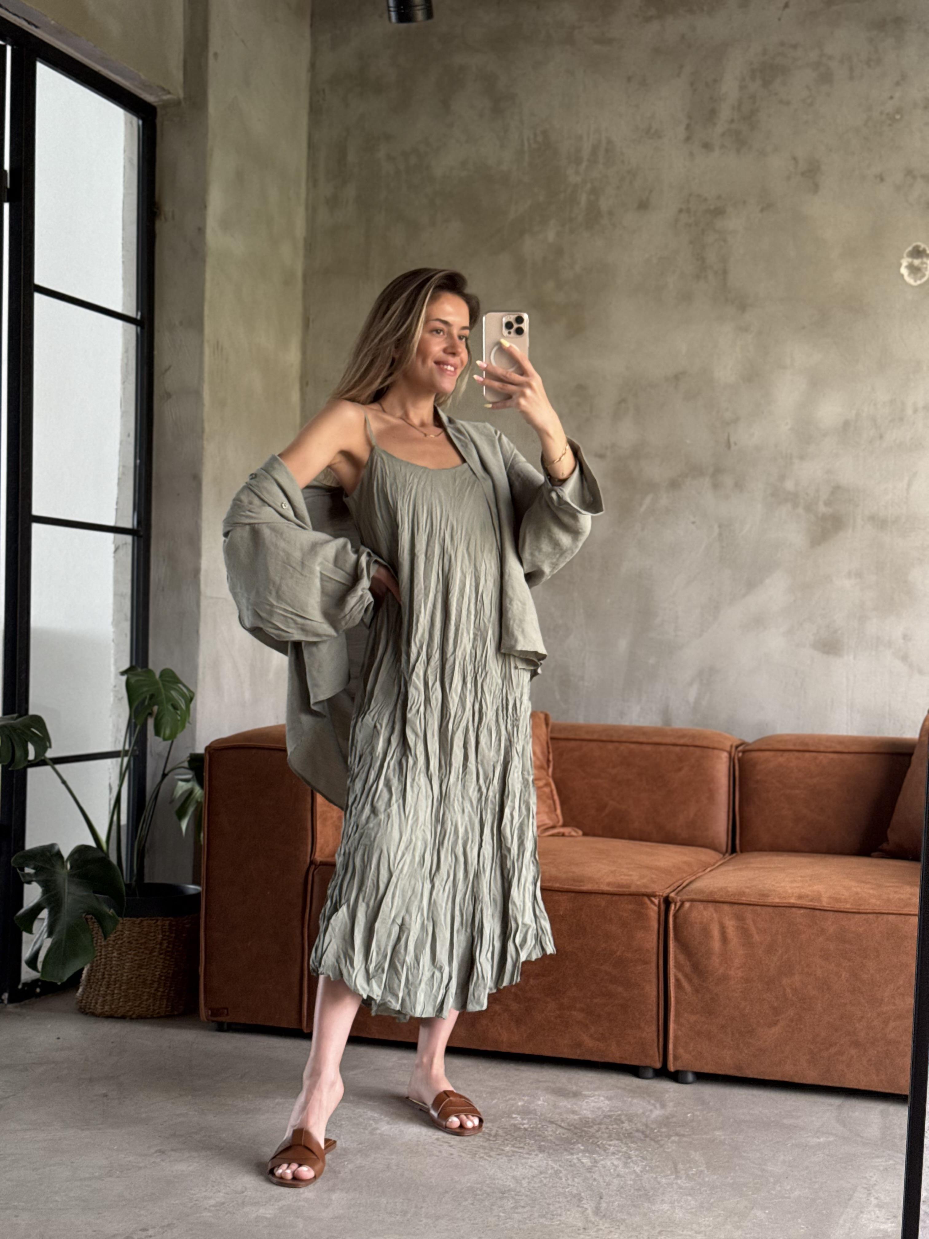 Yeşil Premium Kırışık Elbise Oversize Gömlek Takım