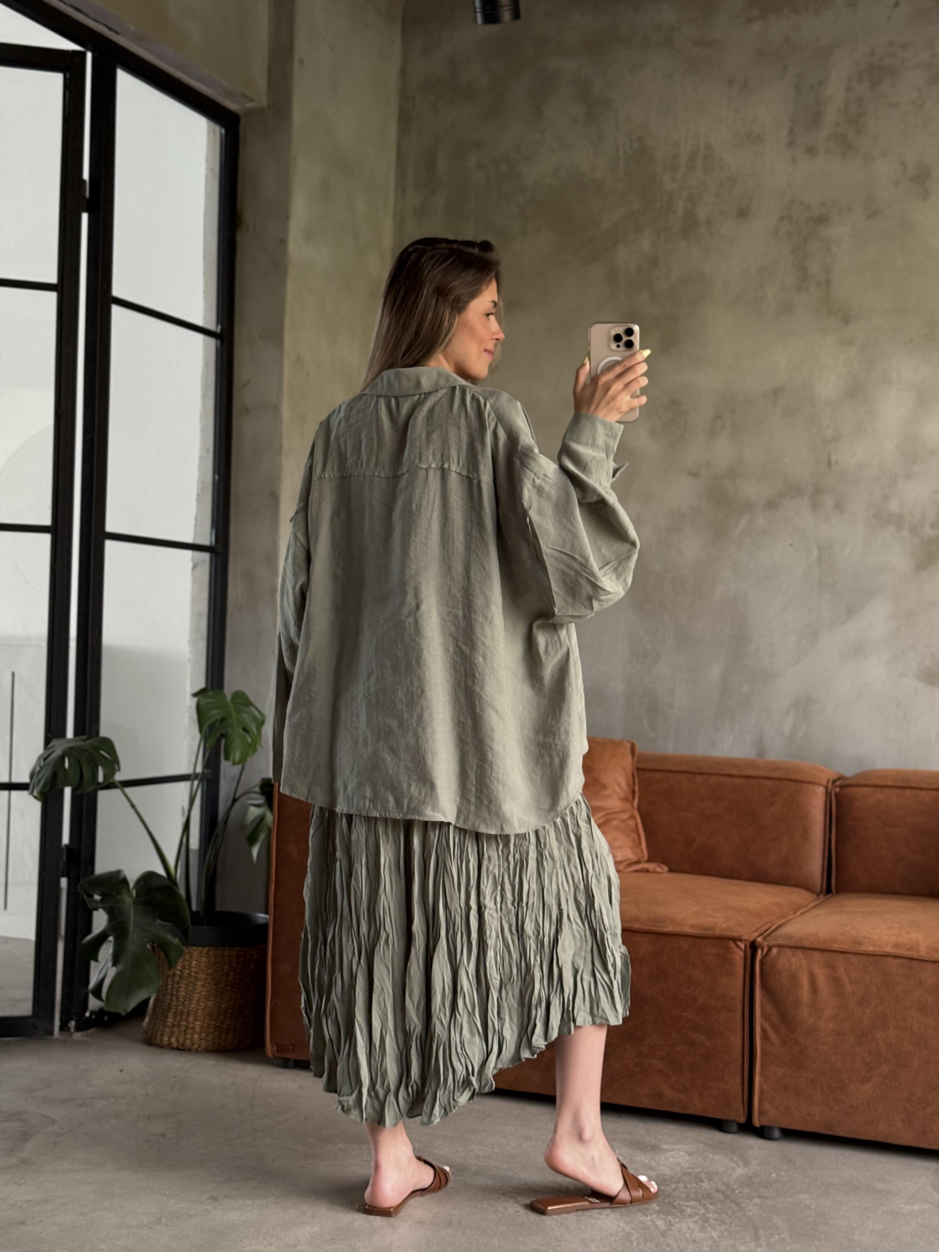 Yeşil Premium Kırışık Elbise Oversize Gömlek Takım