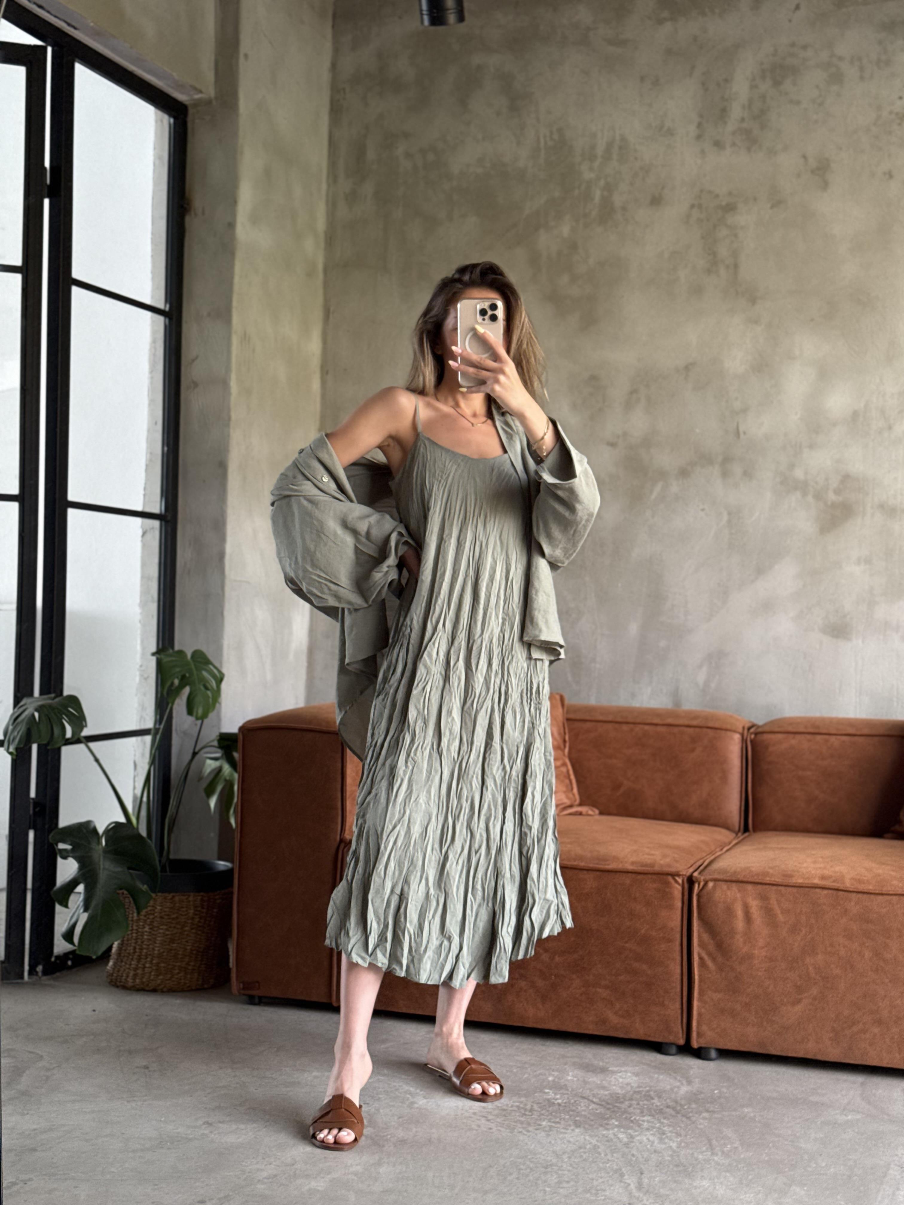 Yeşil Premium Kırışık Elbise Oversize Gömlek Takım