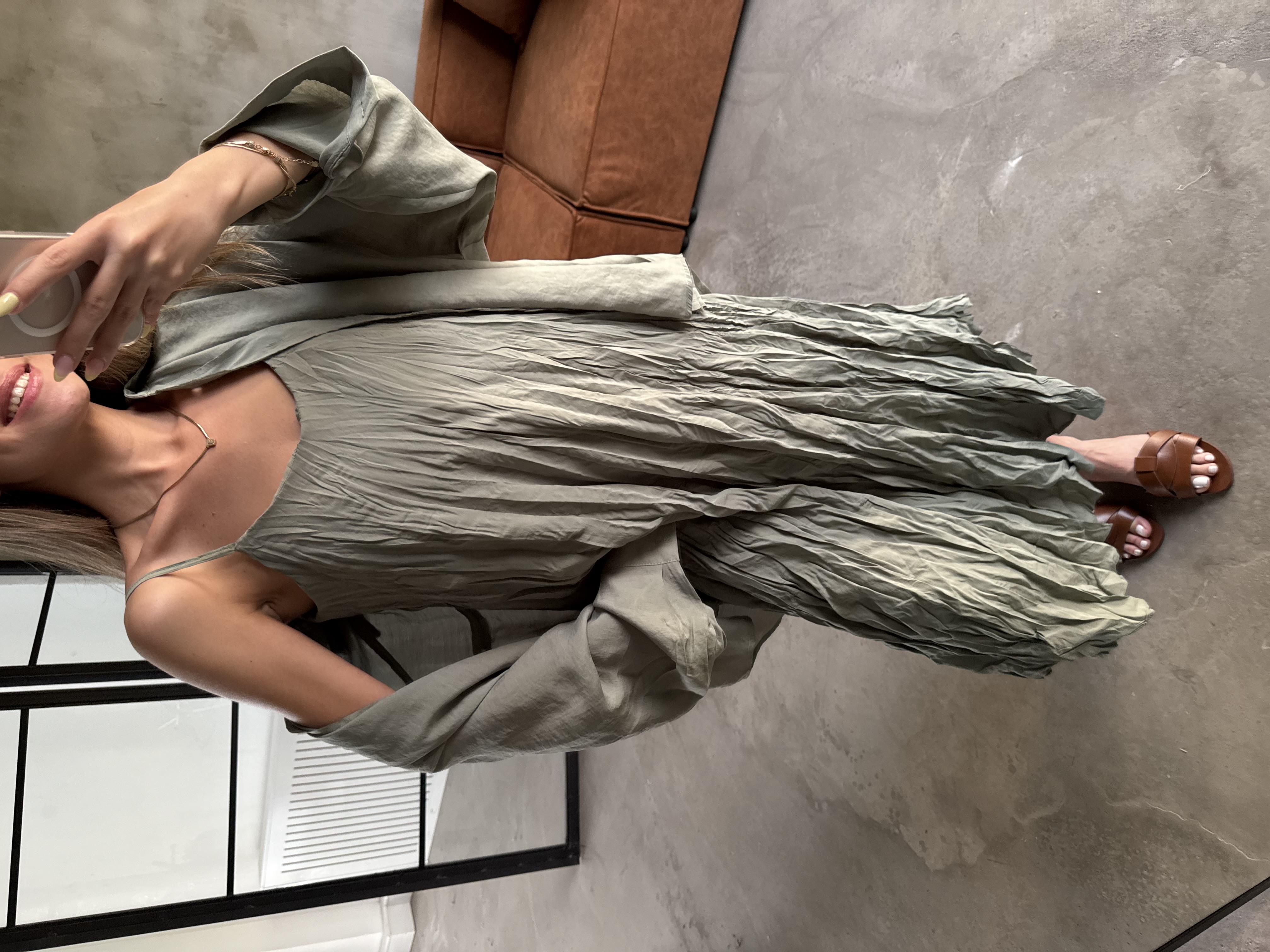 Yeşil Premium Kırışık Elbise Oversize Gömlek Takım