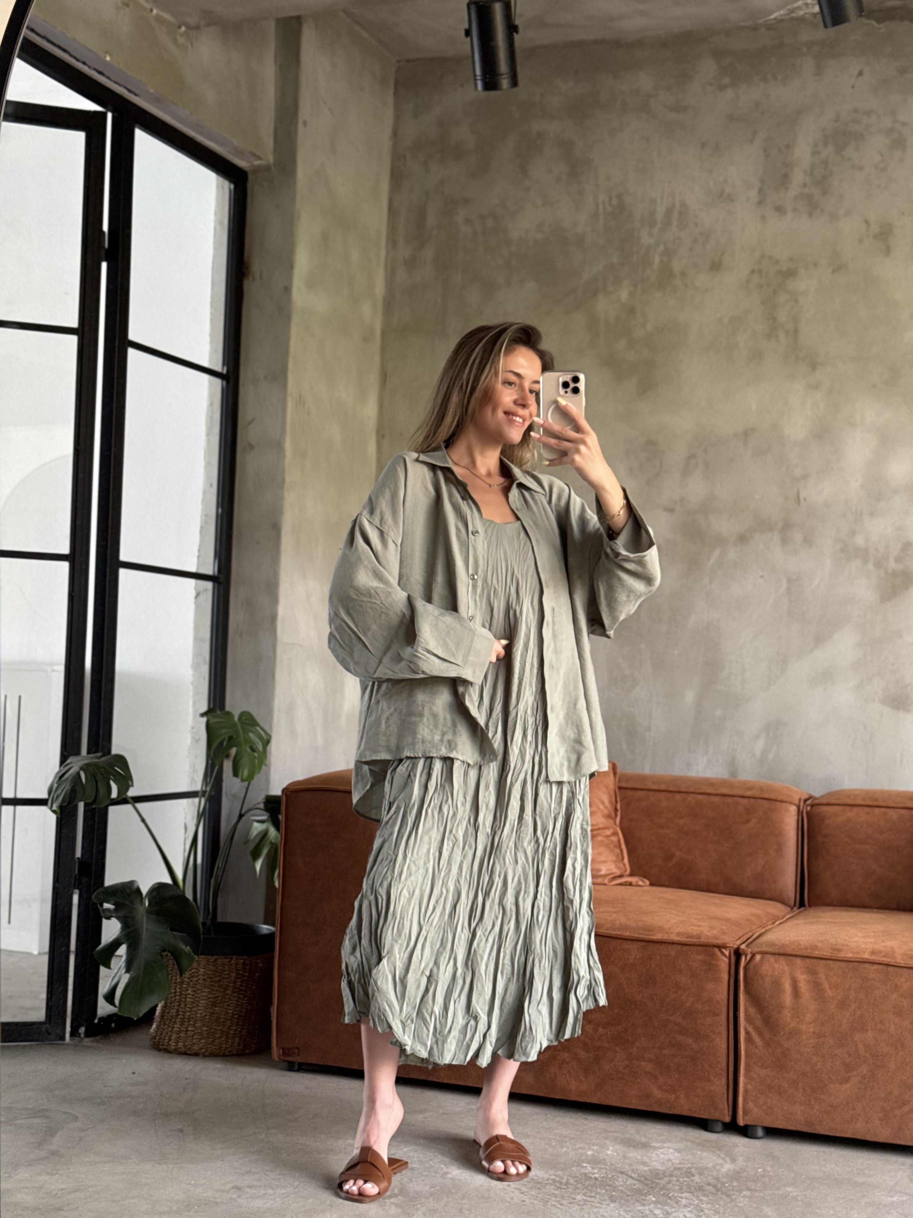 Yeşil Premium Kırışık Elbise Oversize Gömlek Takım
