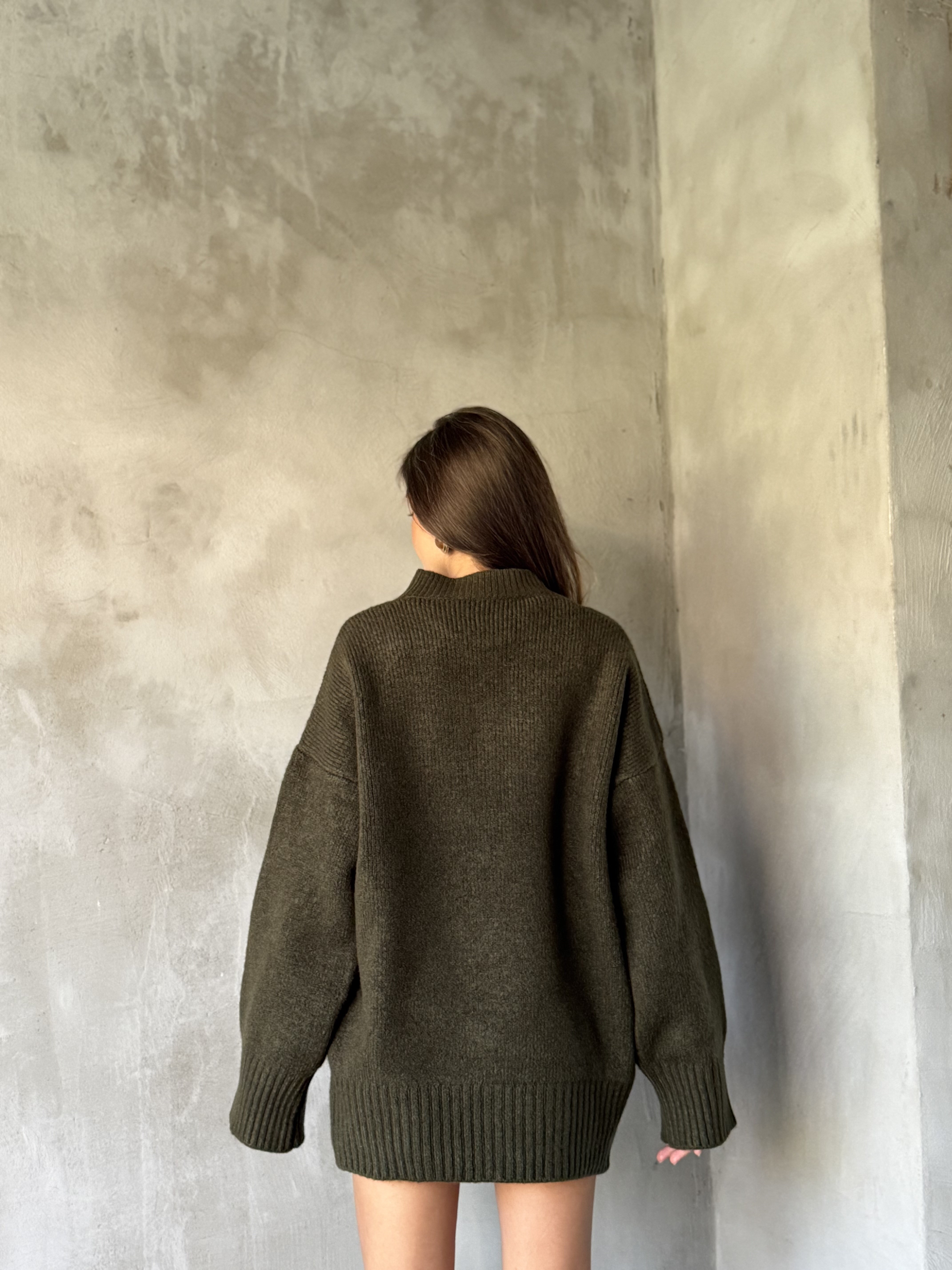 Yün Basic Oversize Bisiklet Yaka Kazak - Haki