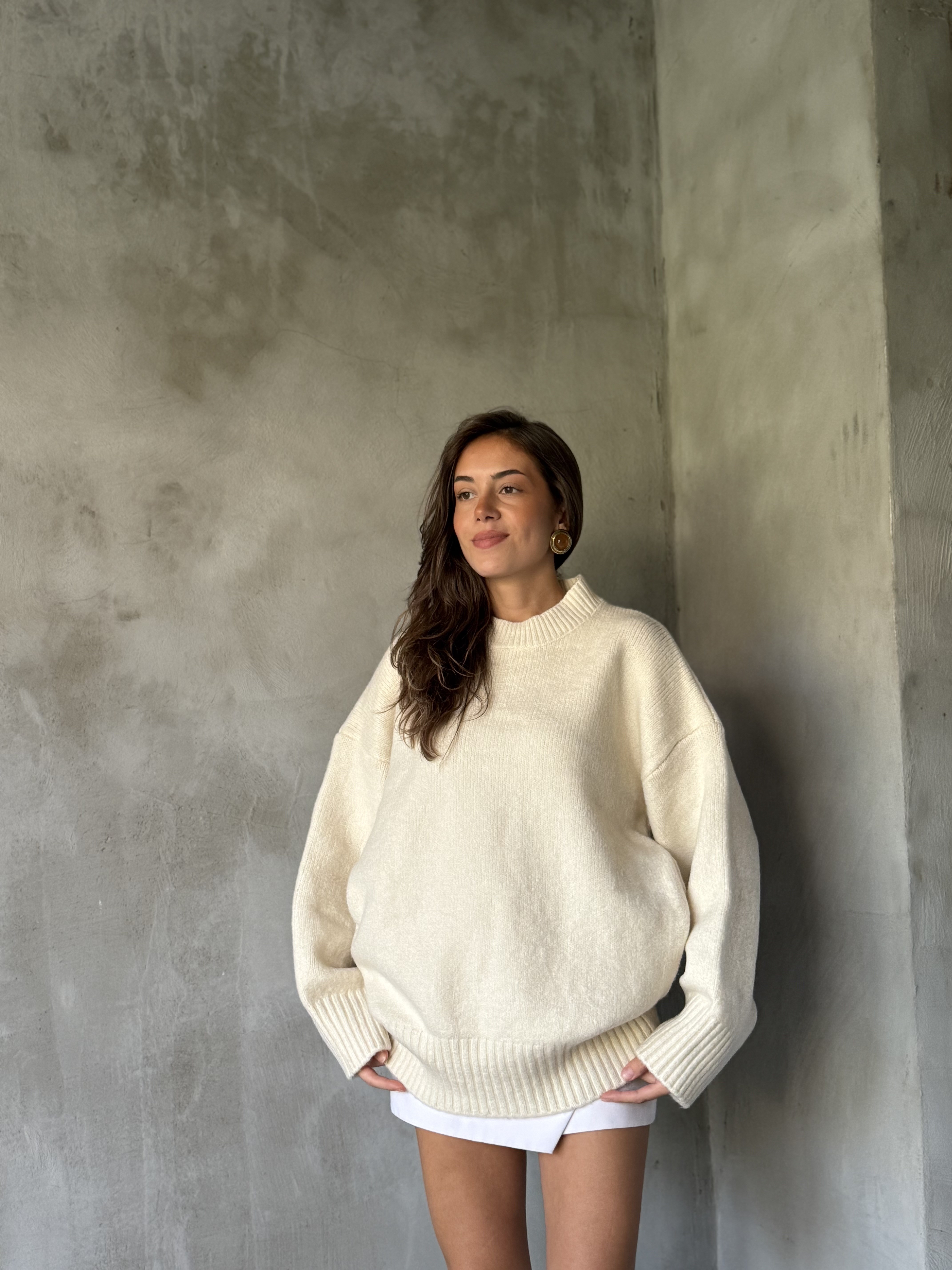 Yün Basic Oversize Bisiklet Yaka Kazak - Krem