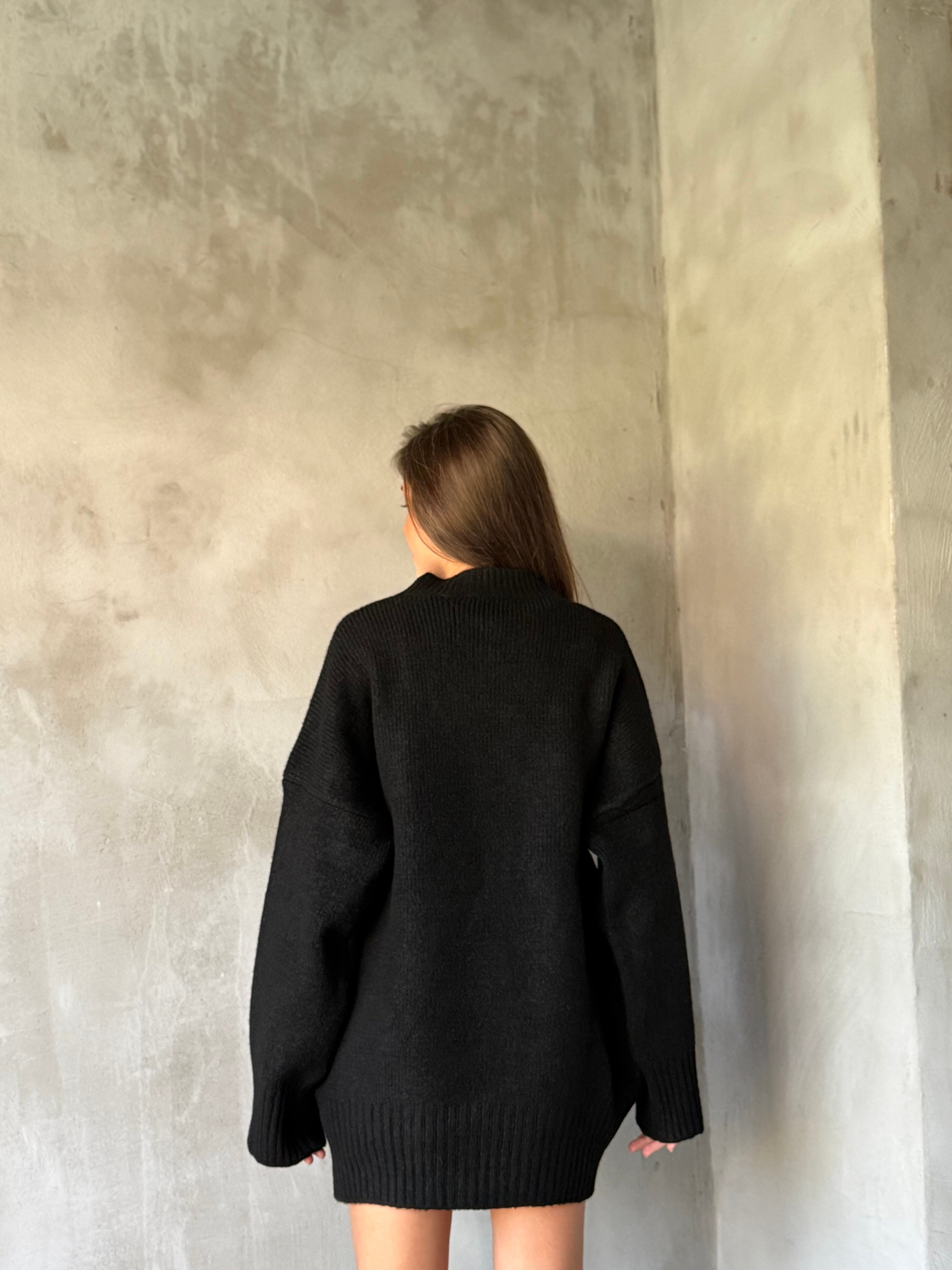 Yün Basic Oversize Bisiklet Yaka Kazak - Siyah