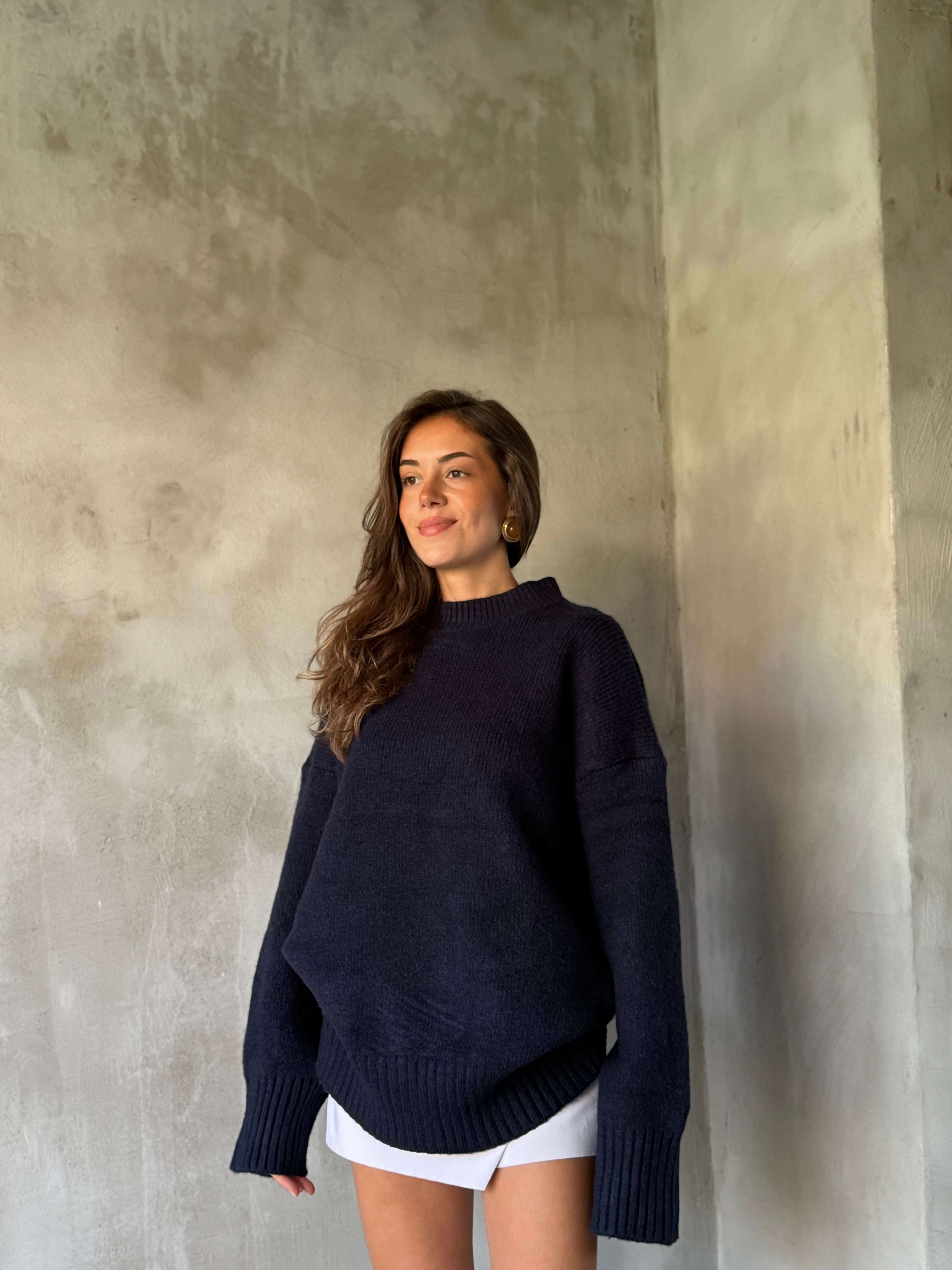 Yün Basic Oversize Bisiklet Yaka Kazak - Lacivert