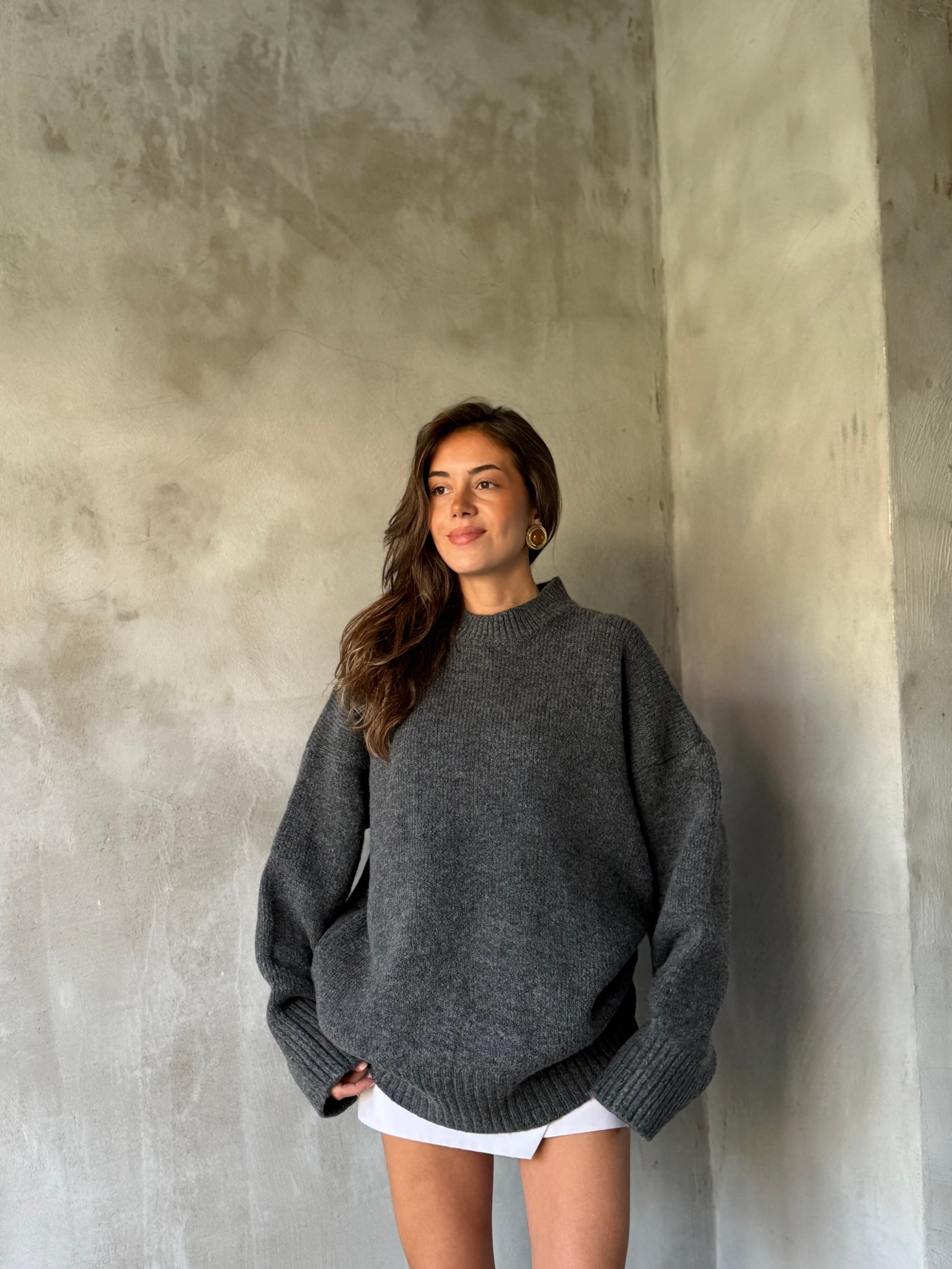 Yün Basic Oversize Bisiklet Yaka Kazak - Antrasit 