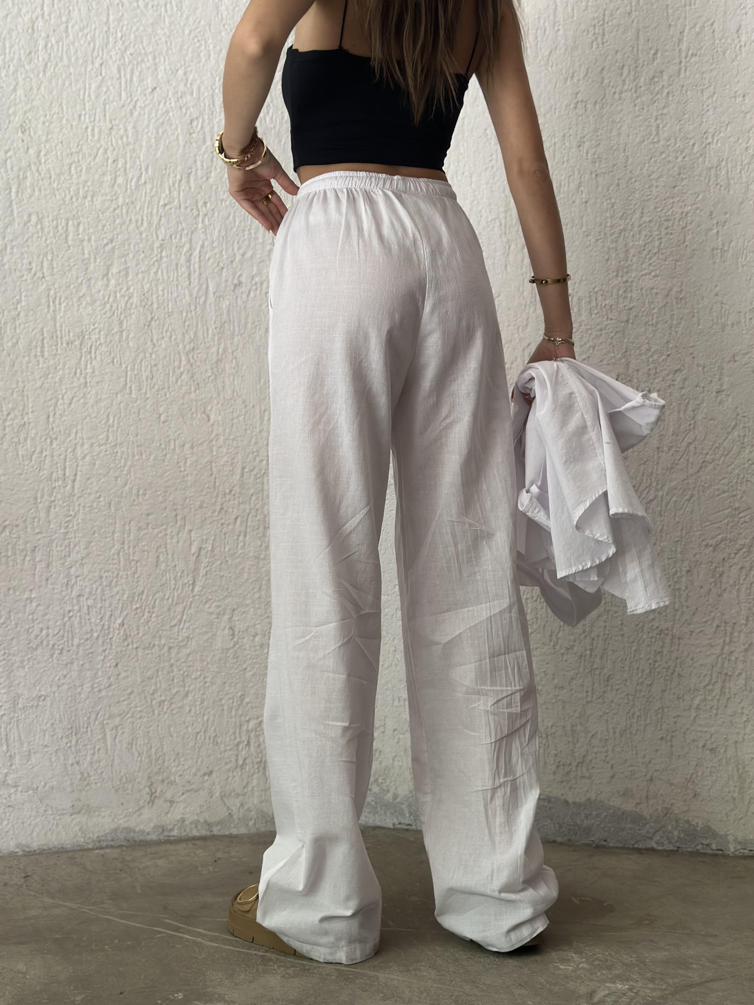  Keten Straight Pantolon - Beyaz