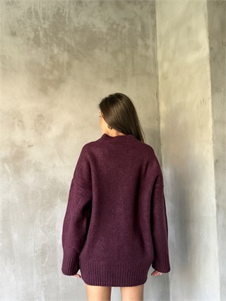 Yün Basic Oversize Bisiklet Yaka Kazak - Mürdüm