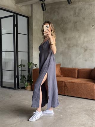 Antrasit Lilyana Askılı Müslin Elbise