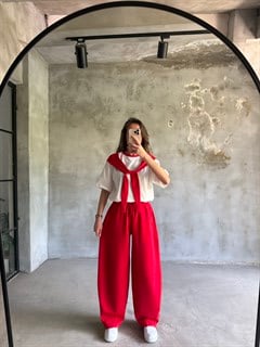 Bağlama Detaylı Oversize Stoperli Takım - Kırmızı