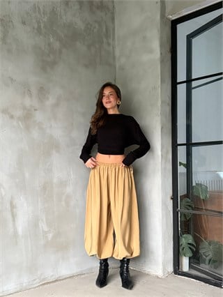 Bağlamalı Balon Pantolon - Hardal - Dominatrend