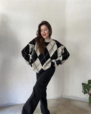 Baklava Desenli Oversize Kazak - Bej