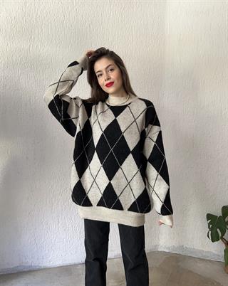 Baklava Desenli Oversize Kazak - Bej