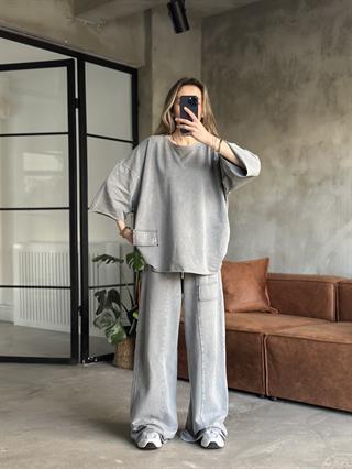Be Happy Taş Baskı Yıkamalı Oversize Takım - Gri