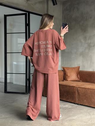 Be Happy Taş Baskı Yıkamalı Oversize Takım - Kiremit