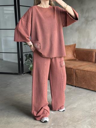 Be Happy Taş Baskı Yıkamalı Oversize Takım - Kiremit