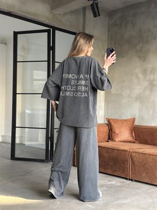 Be Happy Taş Baskı Yıkamalı Oversize Takım - Siyah