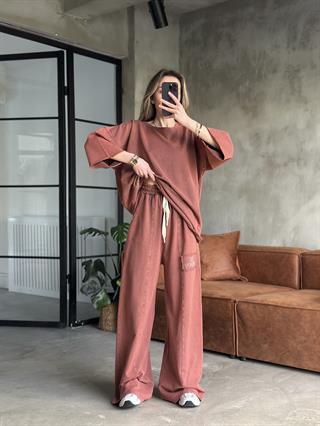 Be Happy Taş Baskı Yıkamalı Oversize Takım - Kiremit
