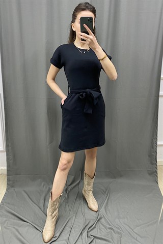 Beli Kuşaklı Basic Elbise - Siyah
