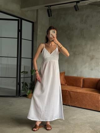 Beyaz Lilyana Müslin Askılı Elbise 