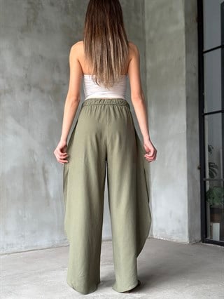 Bohem Yırtmaçlı Keten Pantolon - Haki