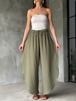 Bohem Yırtmaçlı Keten Pantolon - Haki