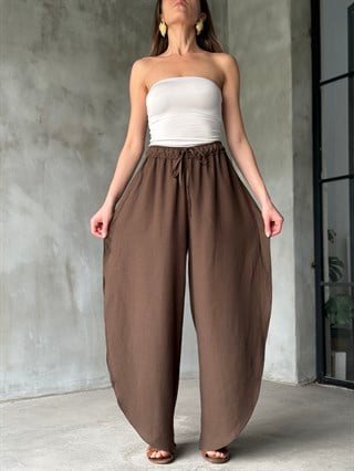 Bohem Yırtmaçlı Keten Pantolon - Kahverengi