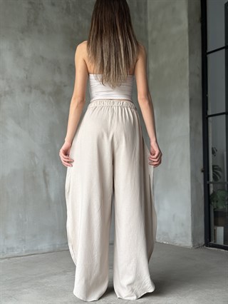 Bohem Yırtmaçlı Keten Pantolon - Krem