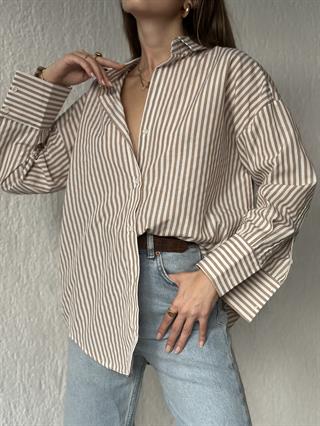 Camel Çizgili Oversize Gömlek 