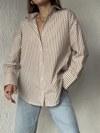 Camel Çizgili Oversize Gömlek 