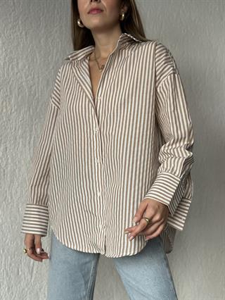 Camel Çizgili Oversize Gömlek 