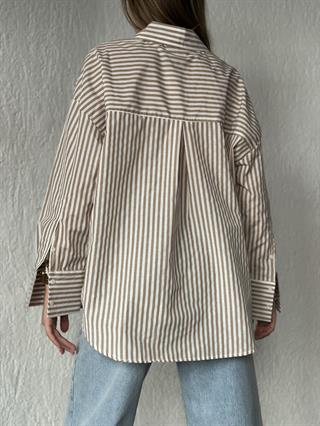 Camel Çizgili Oversize Gömlek 