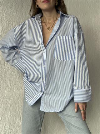 Cepli Mavi Çizgili Oversize Uzun Gömlek